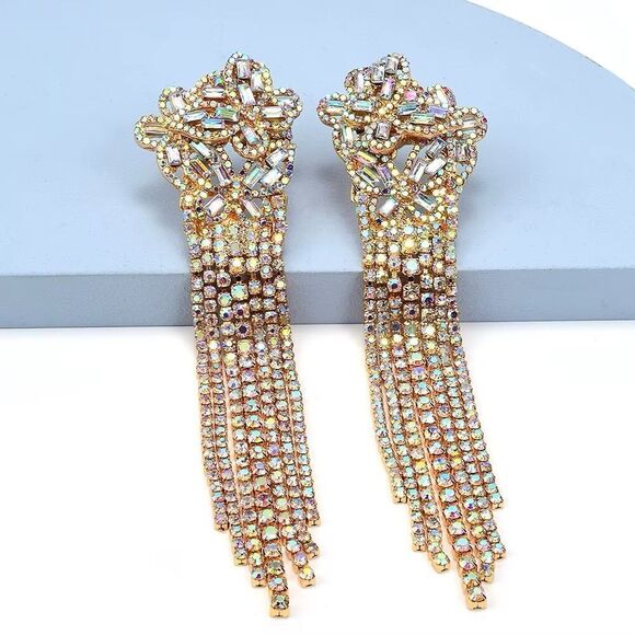 Gold Crystal Rhinestone Fringe Dangle Earrings – Elegant Statement Piece - Picture 6 of 9